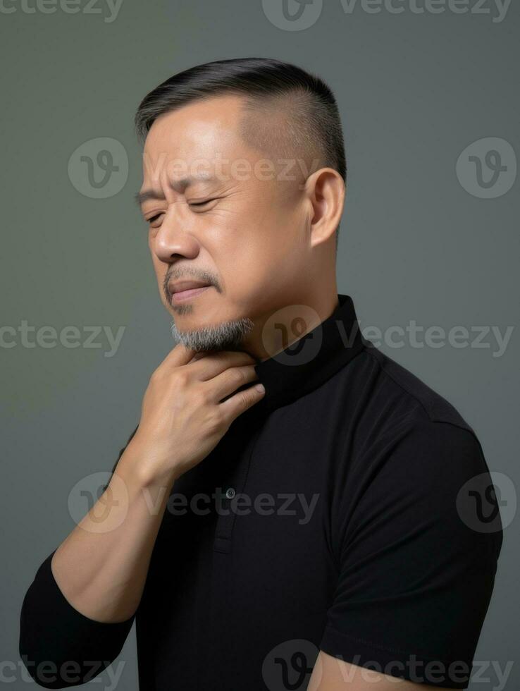 asiático hombre con dolor en neutral antecedentes ai generativo foto