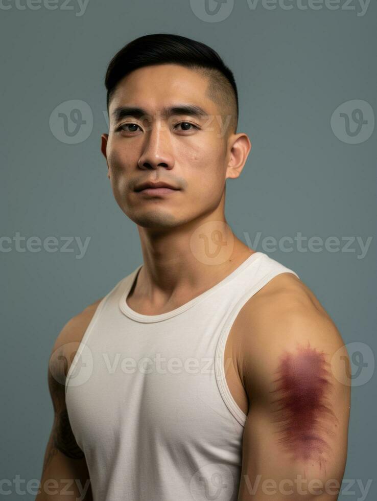 Asian man with pain on neutral background AI Generative photo