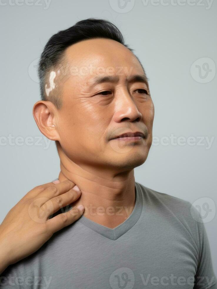 Asian man with pain on neutral background AI Generative photo