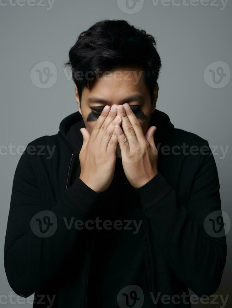 Asian man with pain on neutral background AI Generative photo