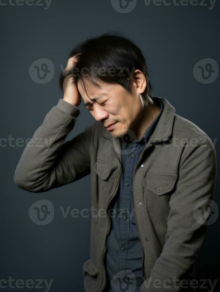 Asian man with pain on neutral background AI Generative photo