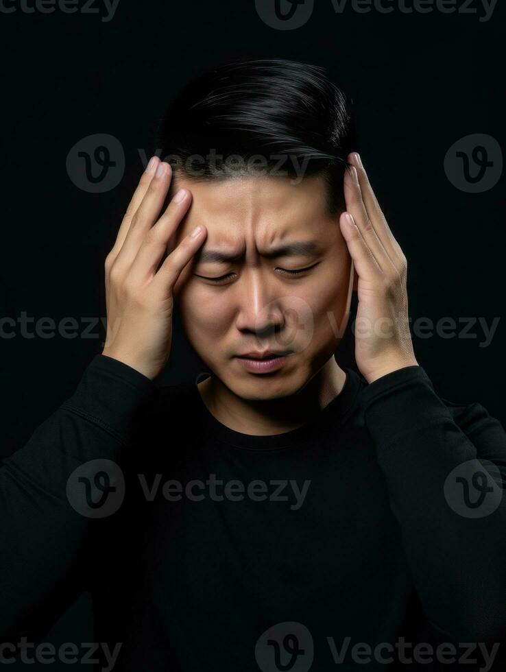 Asian man with pain on neutral background AI Generative photo