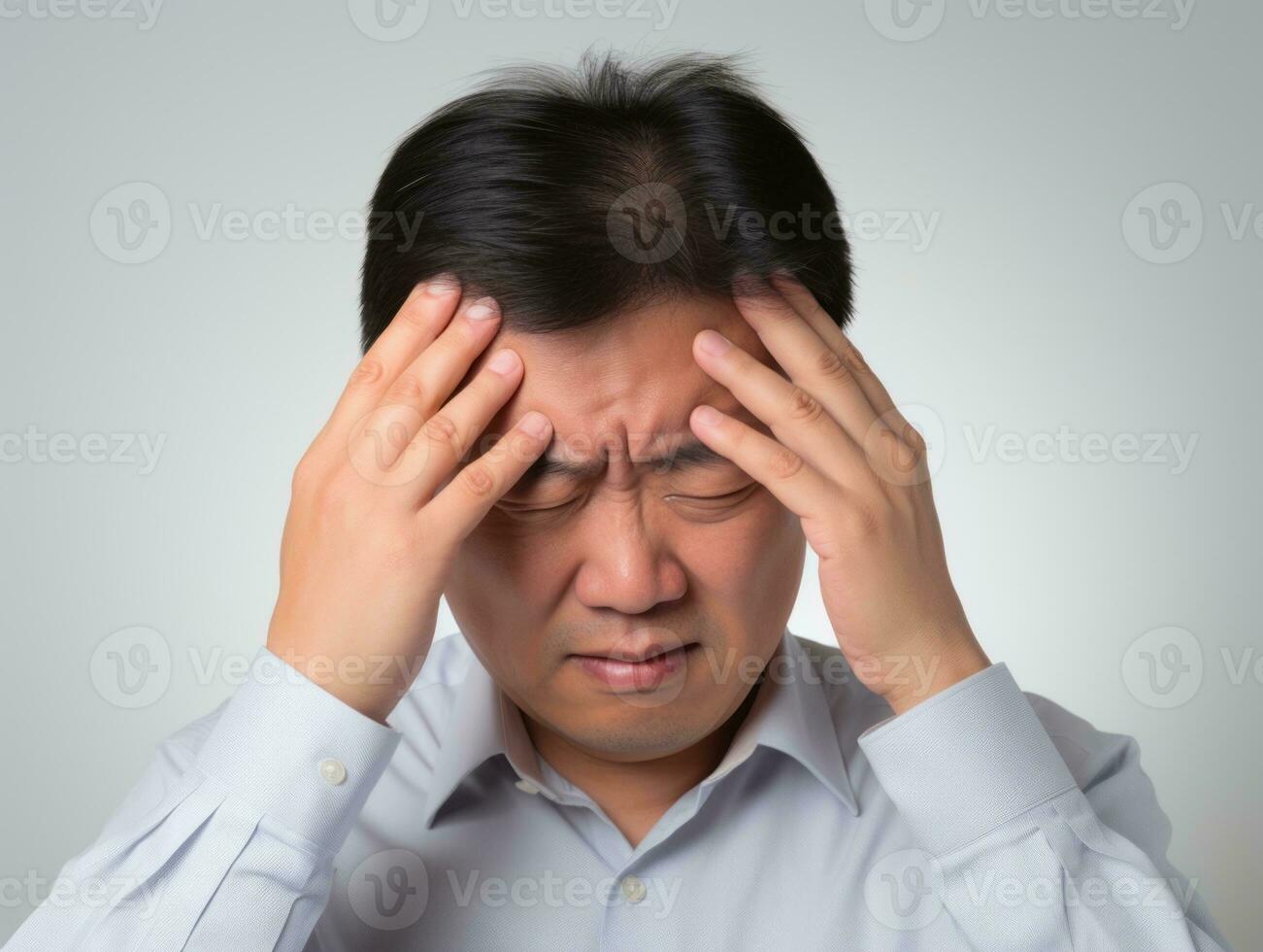 Asian man with pain on neutral background AI Generative photo