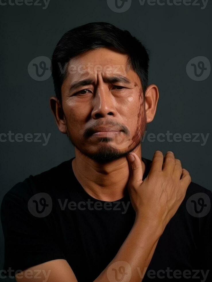 Asian man with pain on neutral background AI Generative photo