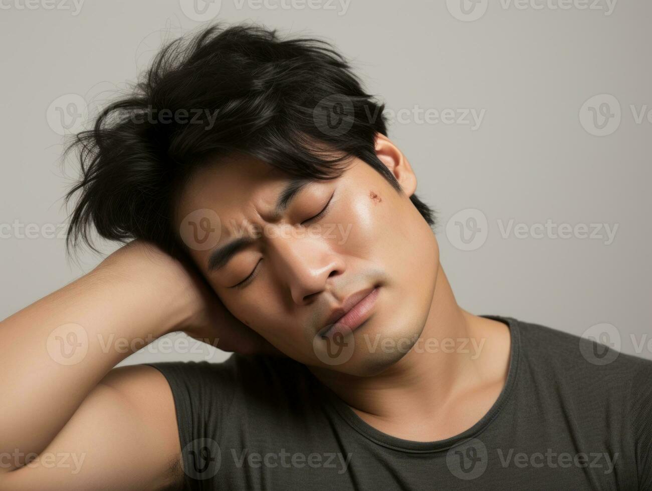 Asian man with pain on neutral background AI Generative photo