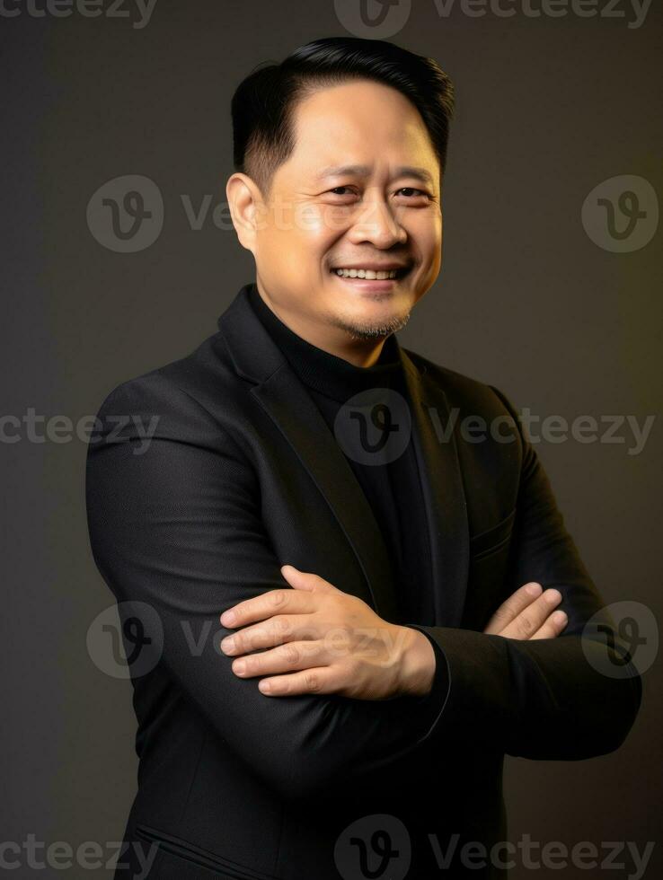 Asian man with pain on neutral background AI Generative photo