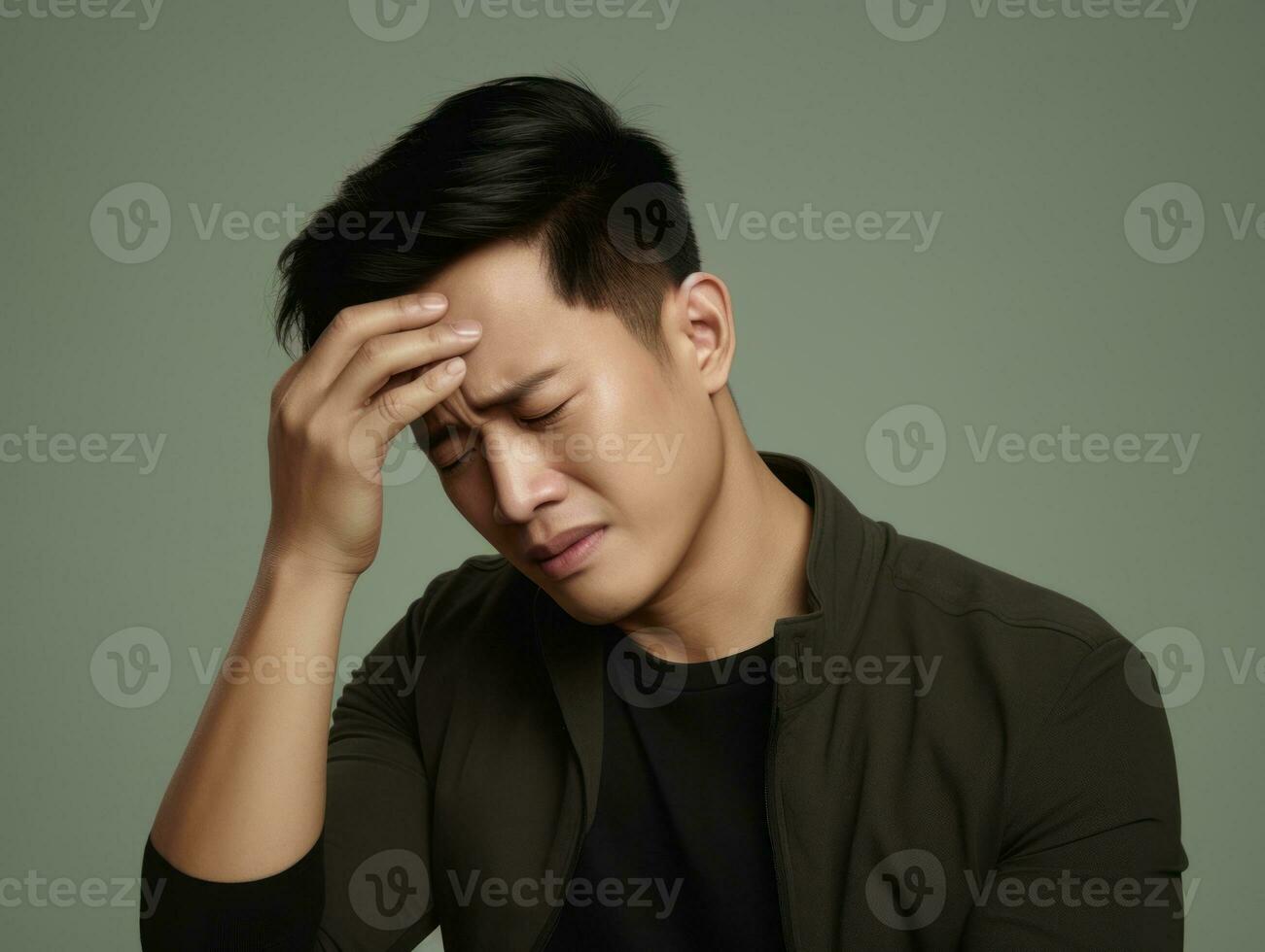 Asian man with pain on neutral background AI Generative photo