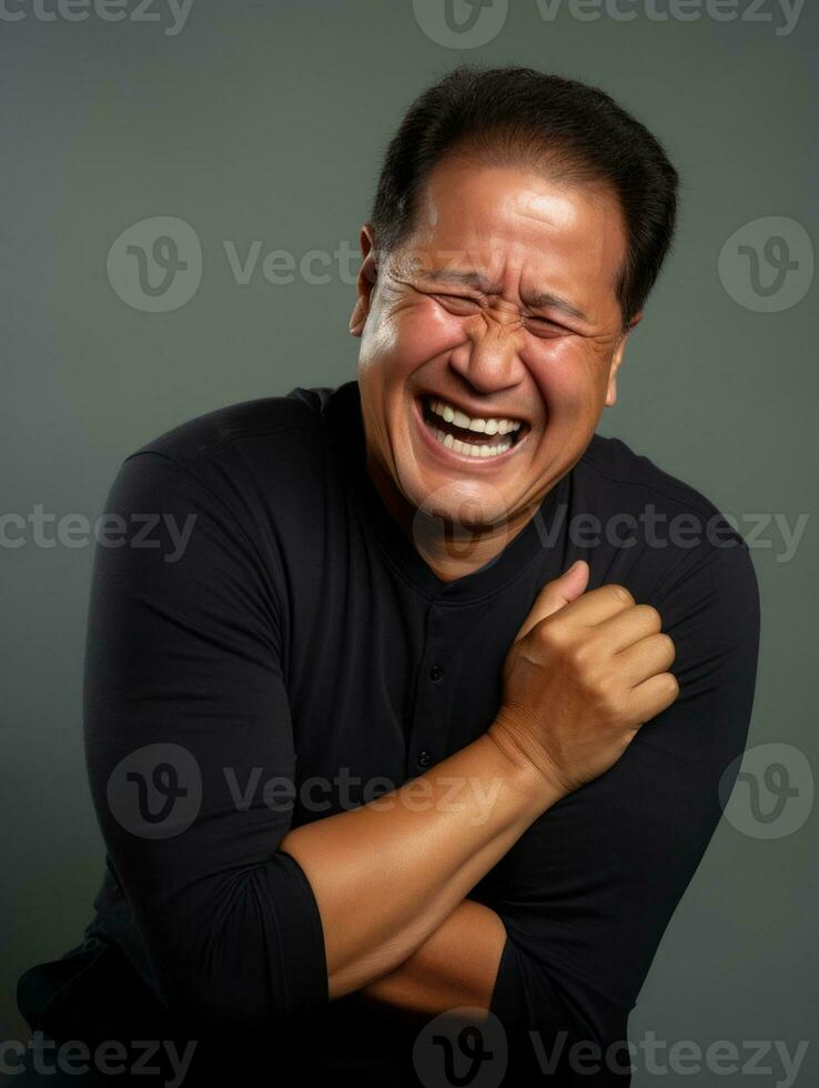 Asian man with pain on neutral background AI Generative photo