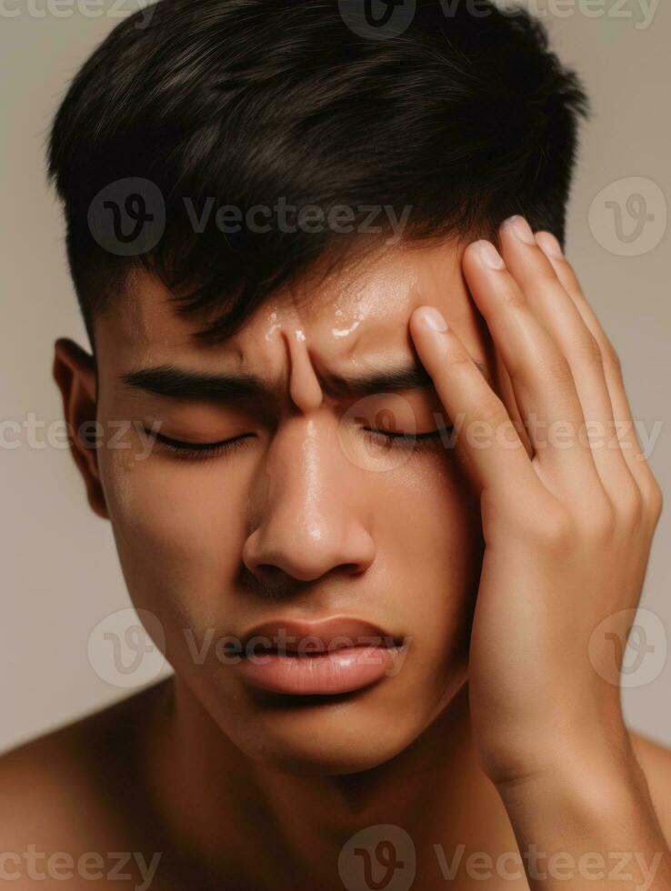 Asian man with pain on neutral background AI Generative photo