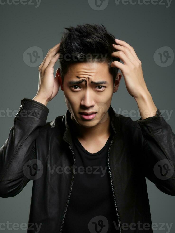 Asian man with pain on neutral background AI Generative photo