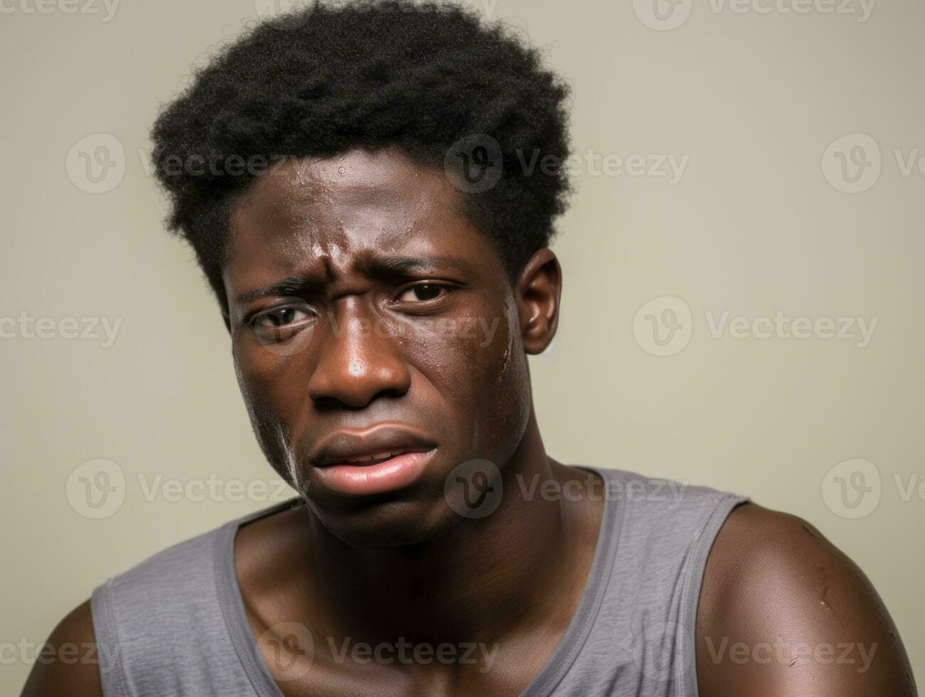 Black man with pain on neutral background AI Generative photo