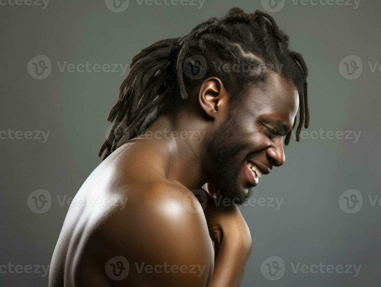 Black man with pain on neutral background AI Generative photo