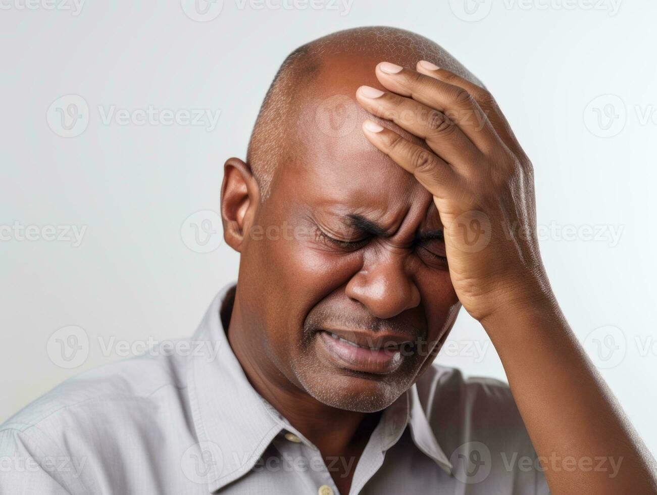 Black man with pain on neutral background AI Generative photo