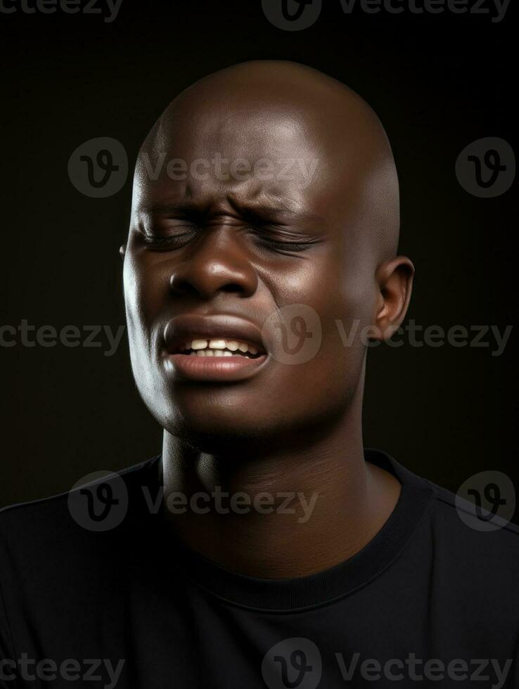 Black man with pain on neutral background AI Generative photo