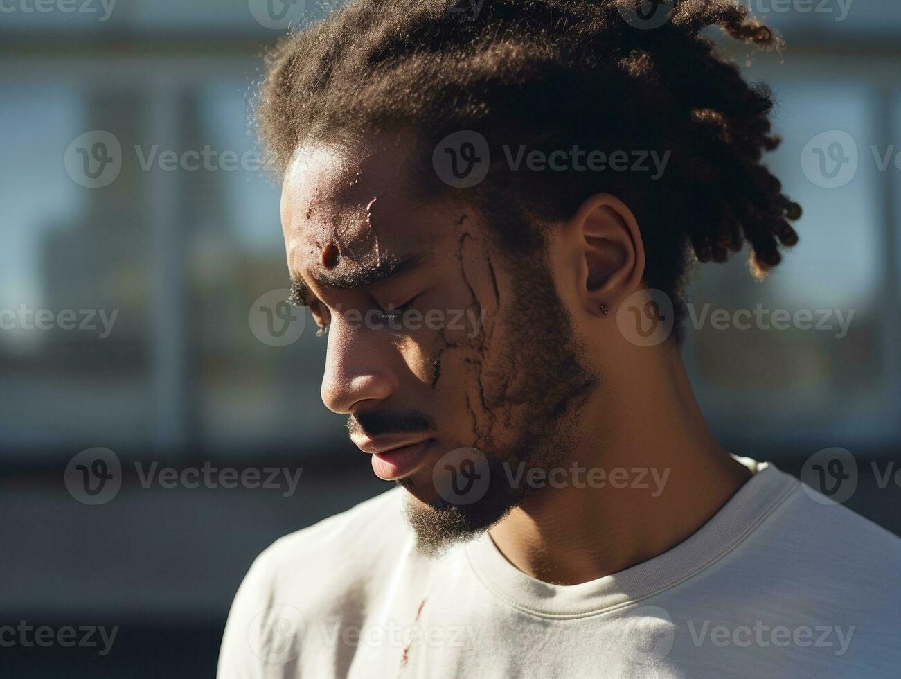 Black man with pain on neutral background AI Generative photo