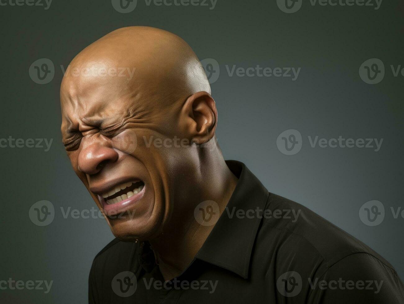 Black man with pain on neutral background AI Generative photo