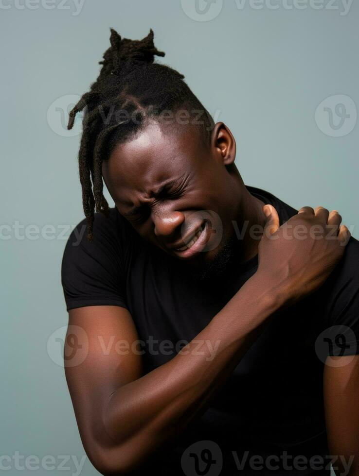 Man with pain on neutral background AI Generative photo