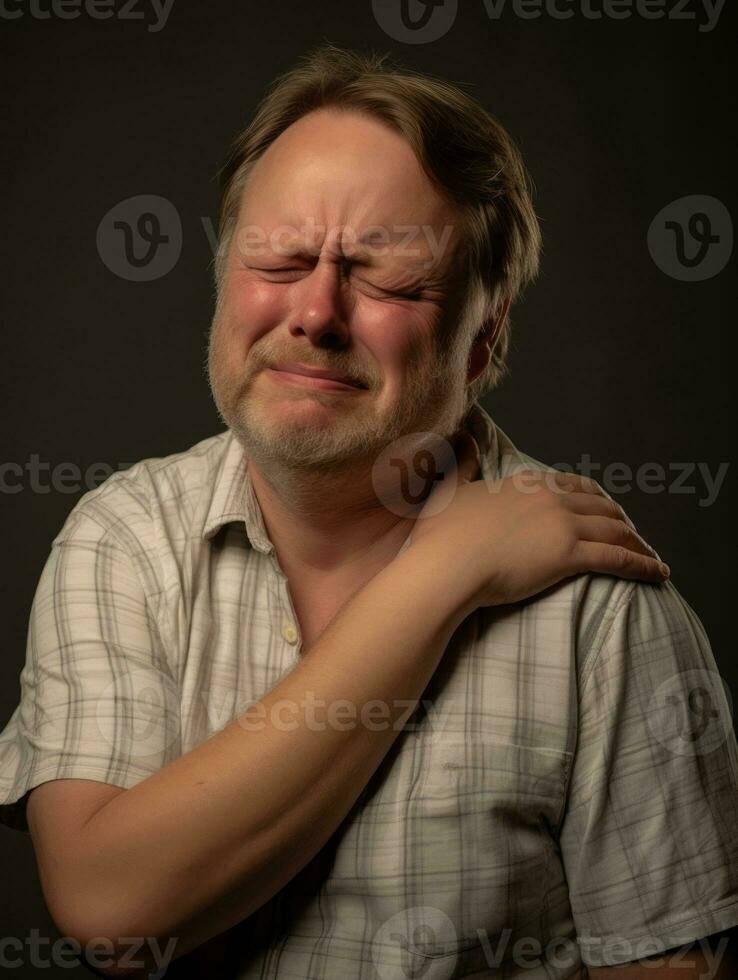 Man with pain on neutral background AI Generative photo