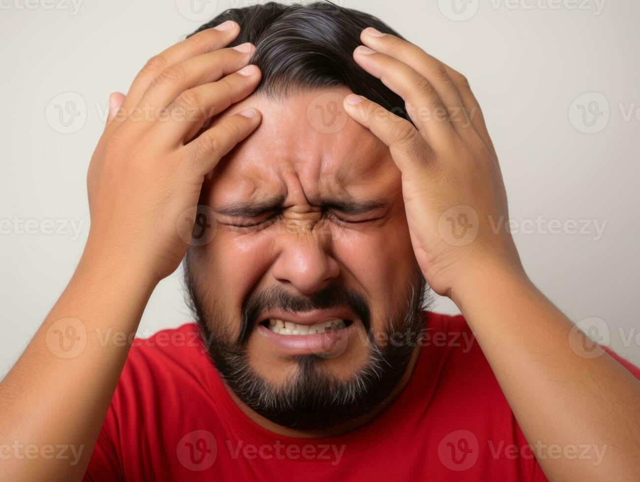 Man with pain on neutral background AI Generative photo