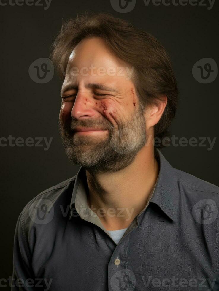 hombre con dolor en neutral antecedentes ai generativo foto