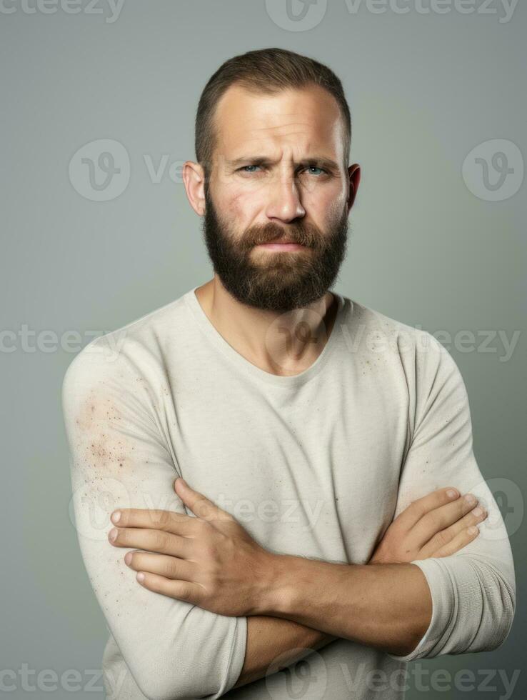 Man with pain on neutral background AI Generative photo