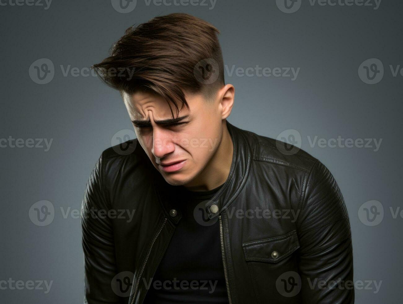 Man with pain on neutral background AI Generative photo