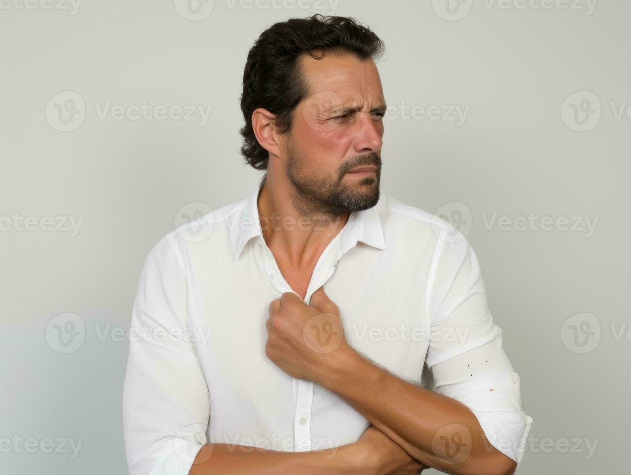 Man with pain on neutral background AI Generative photo