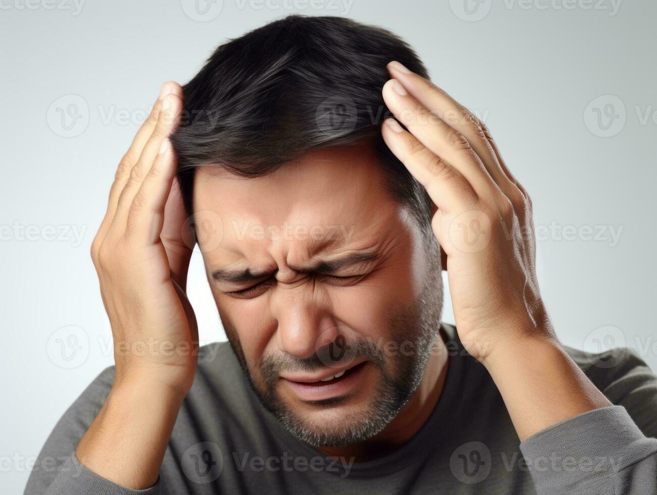 Man with pain on neutral background AI Generative photo