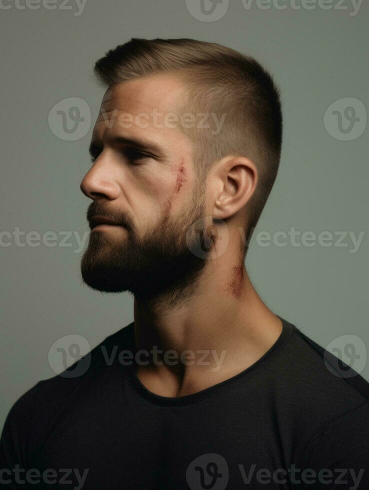 Man with pain on neutral background AI Generative photo