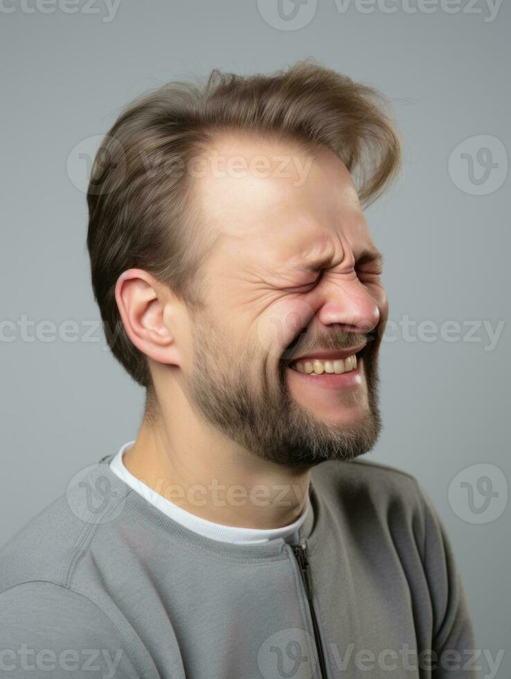 Man with pain on neutral background AI Generative photo