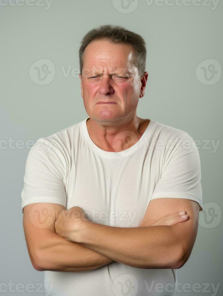 Man with pain on neutral background AI Generative photo