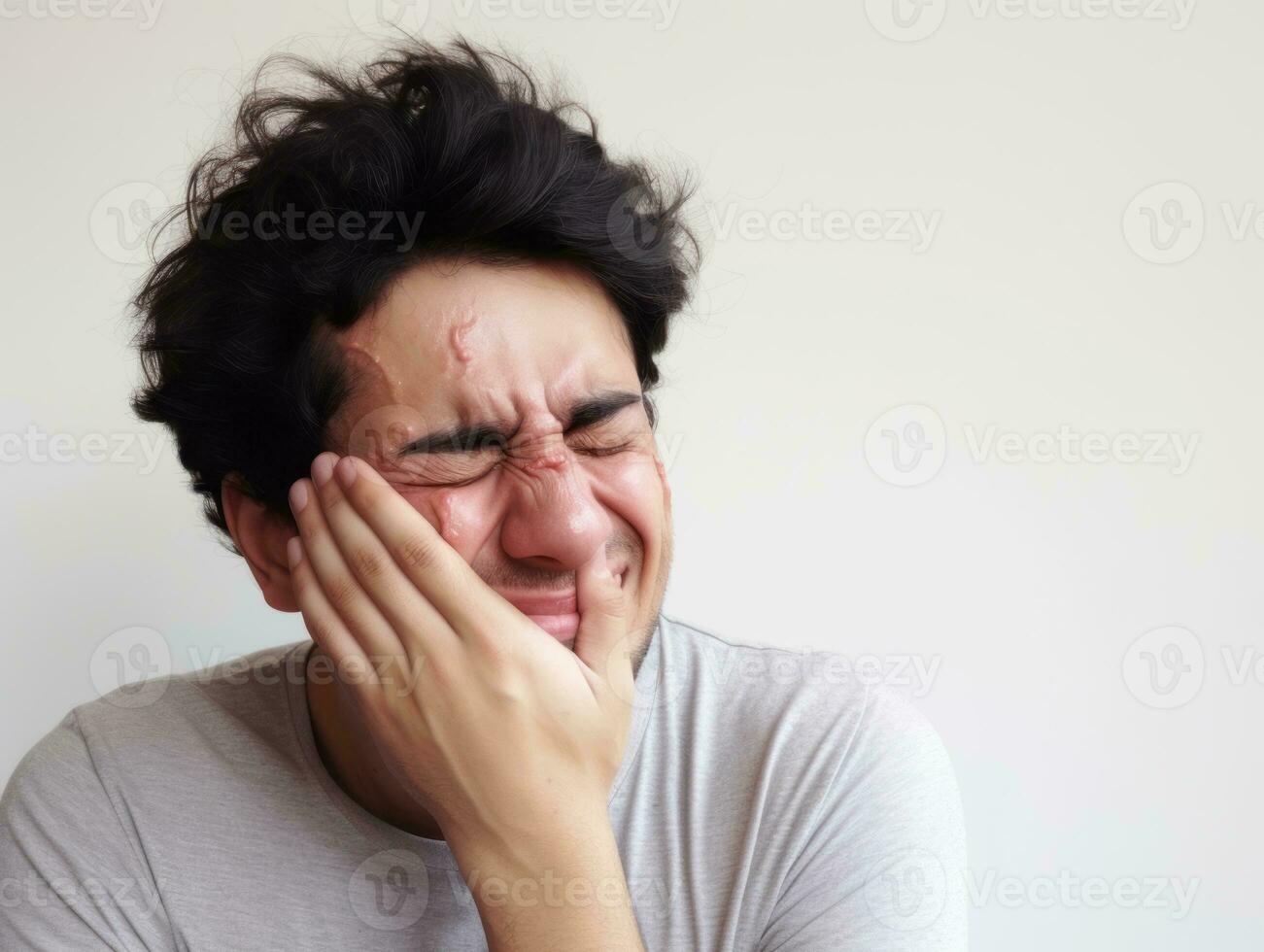 Man with pain on neutral background AI Generative photo