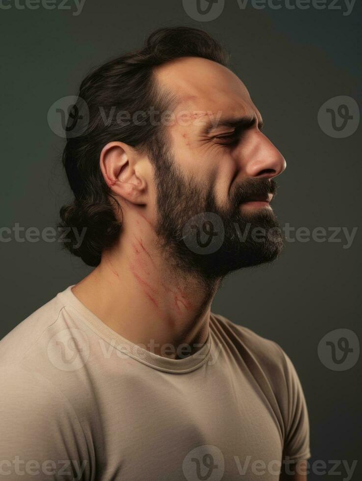 Man with pain on neutral background AI Generative photo