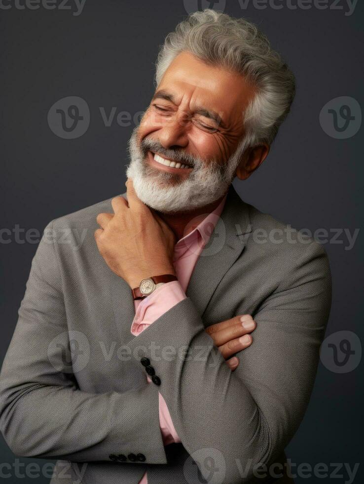 Man with pain on neutral background AI Generative photo