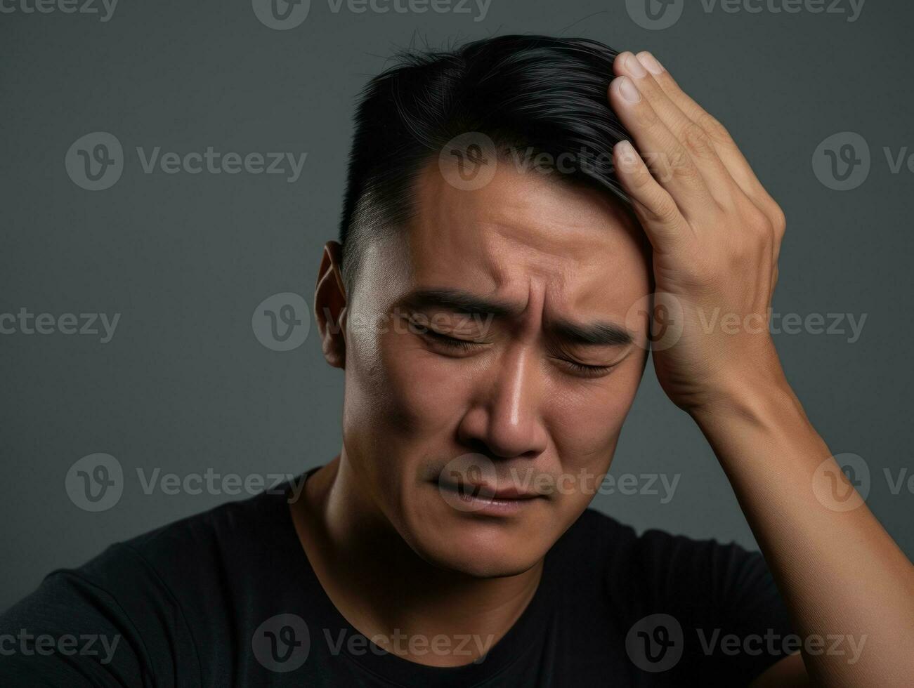 Man with pain on neutral background AI Generative photo