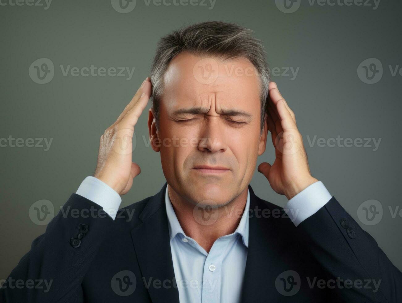 Man with pain on neutral background AI Generative photo