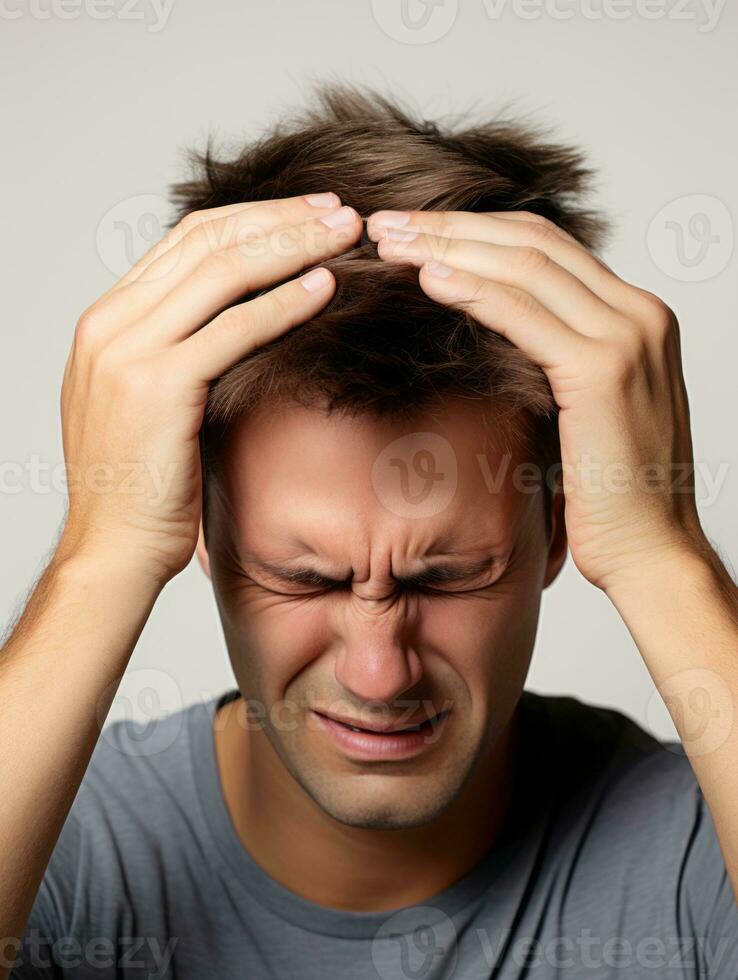 Man with pain on neutral background AI Generative photo