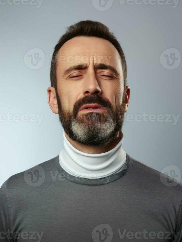 Man with pain on neutral background AI Generative photo