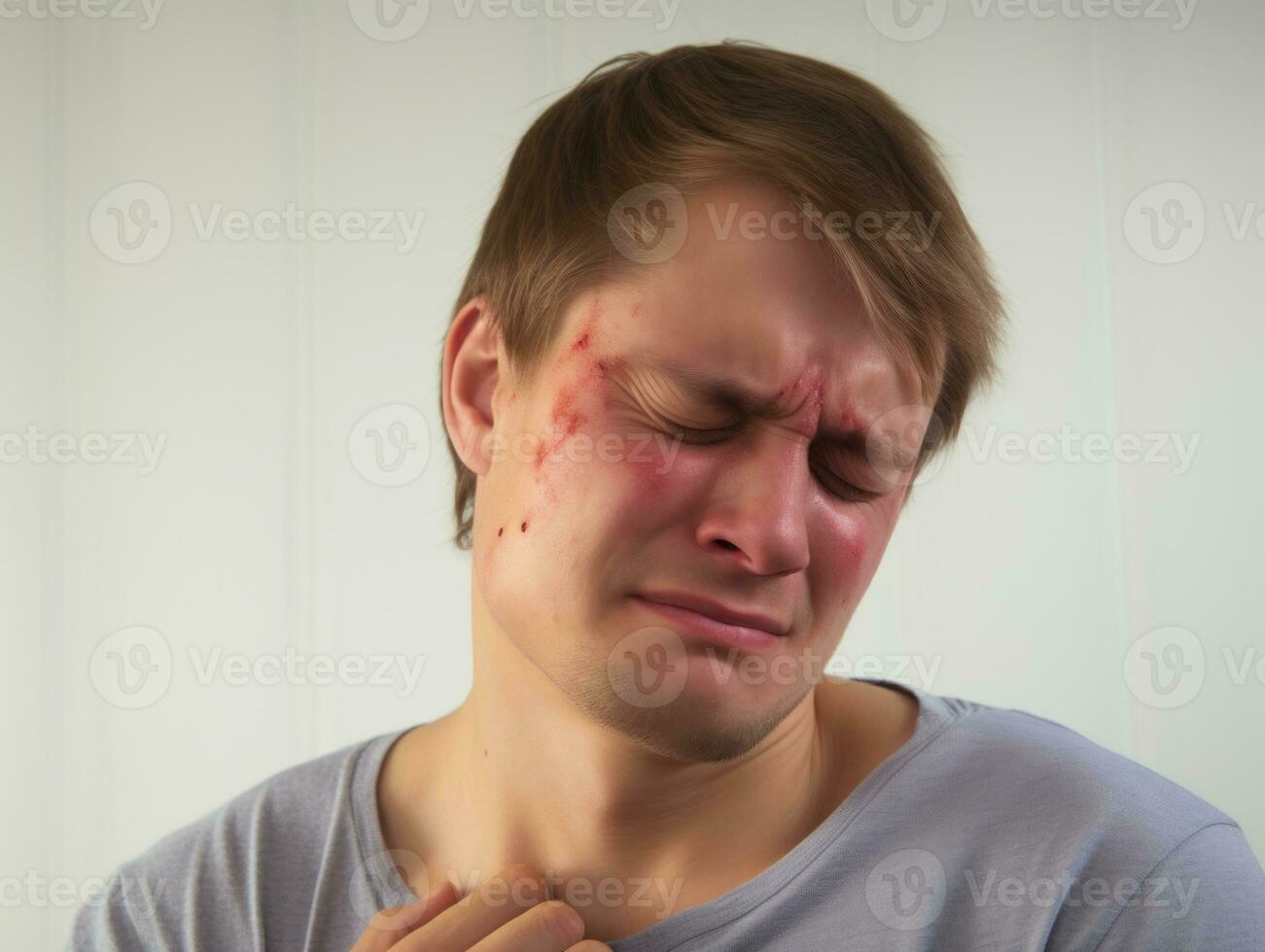 Man with pain on neutral background AI Generative photo