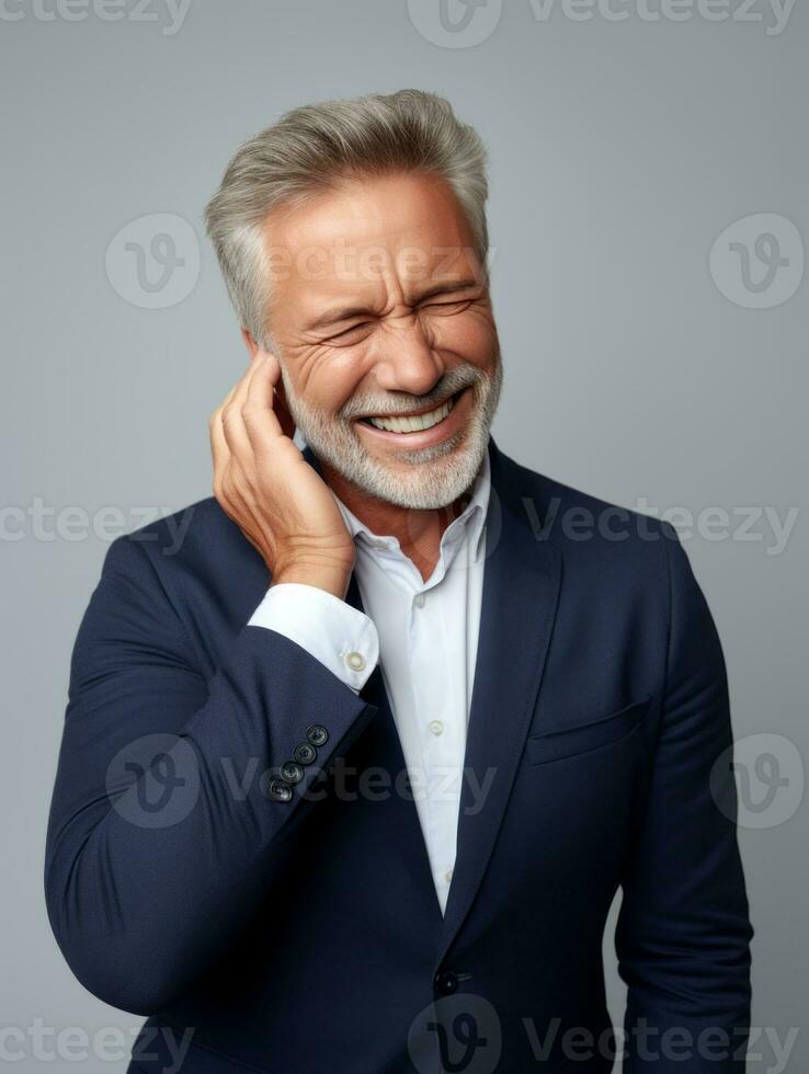 Man with pain on neutral background AI Generative photo