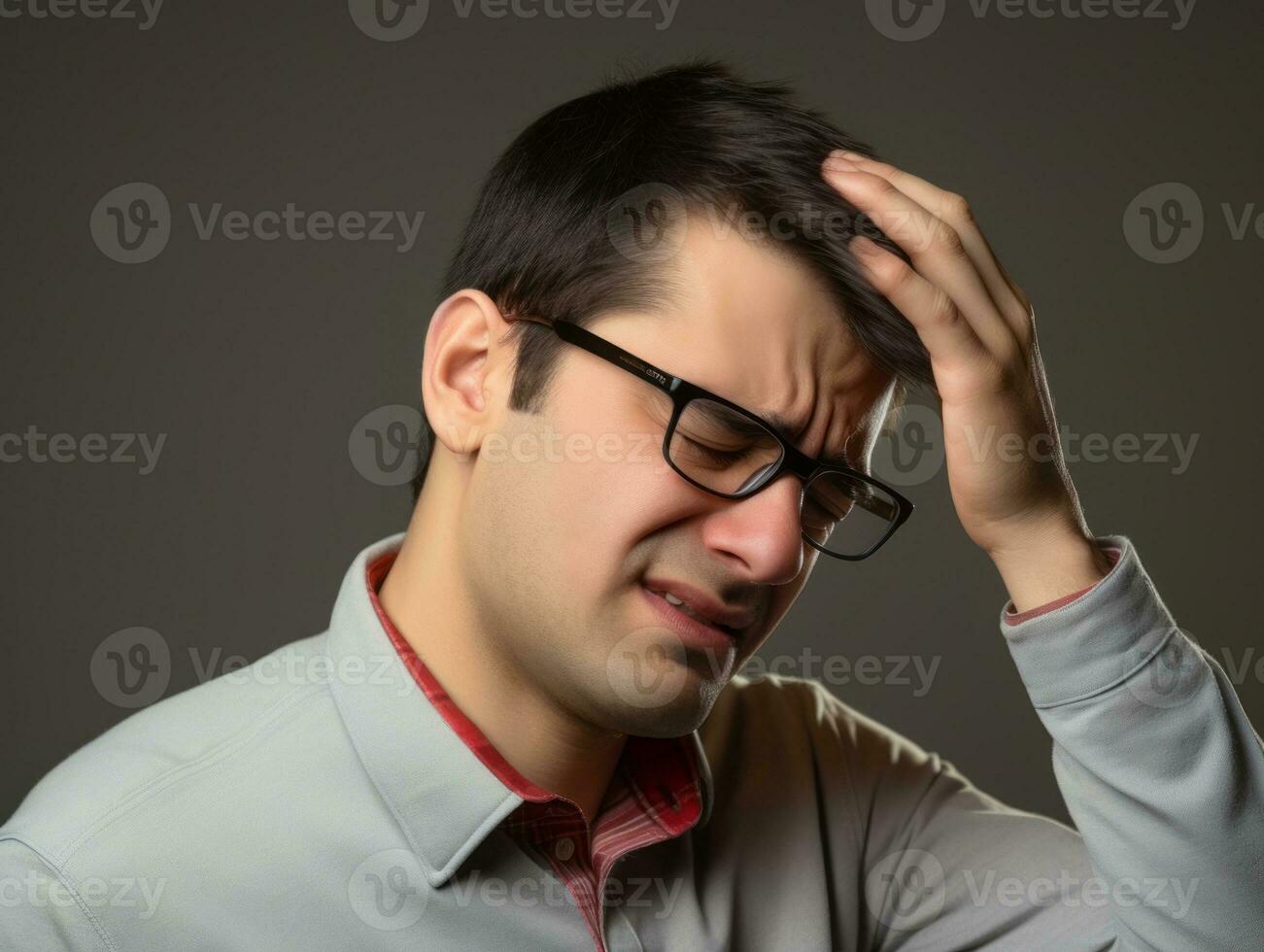 Man with pain on neutral background AI Generative photo
