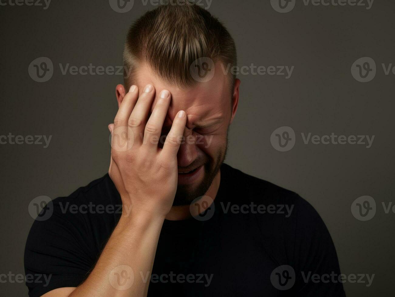 Man with pain on neutral background AI Generative photo