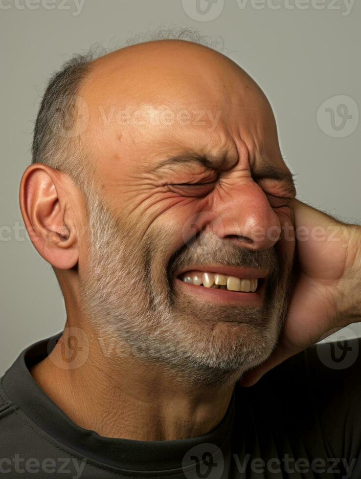 Man with pain on neutral background AI Generative photo