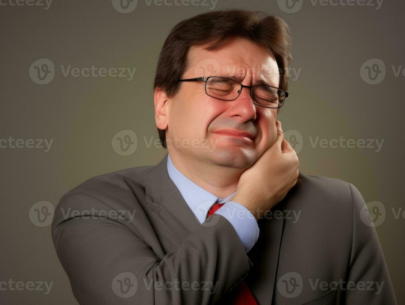 Man with pain on neutral background AI Generative photo