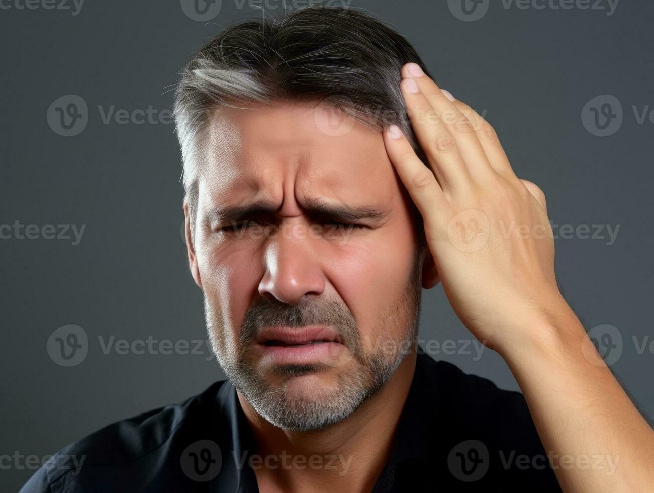 Man with pain on neutral background AI Generative photo