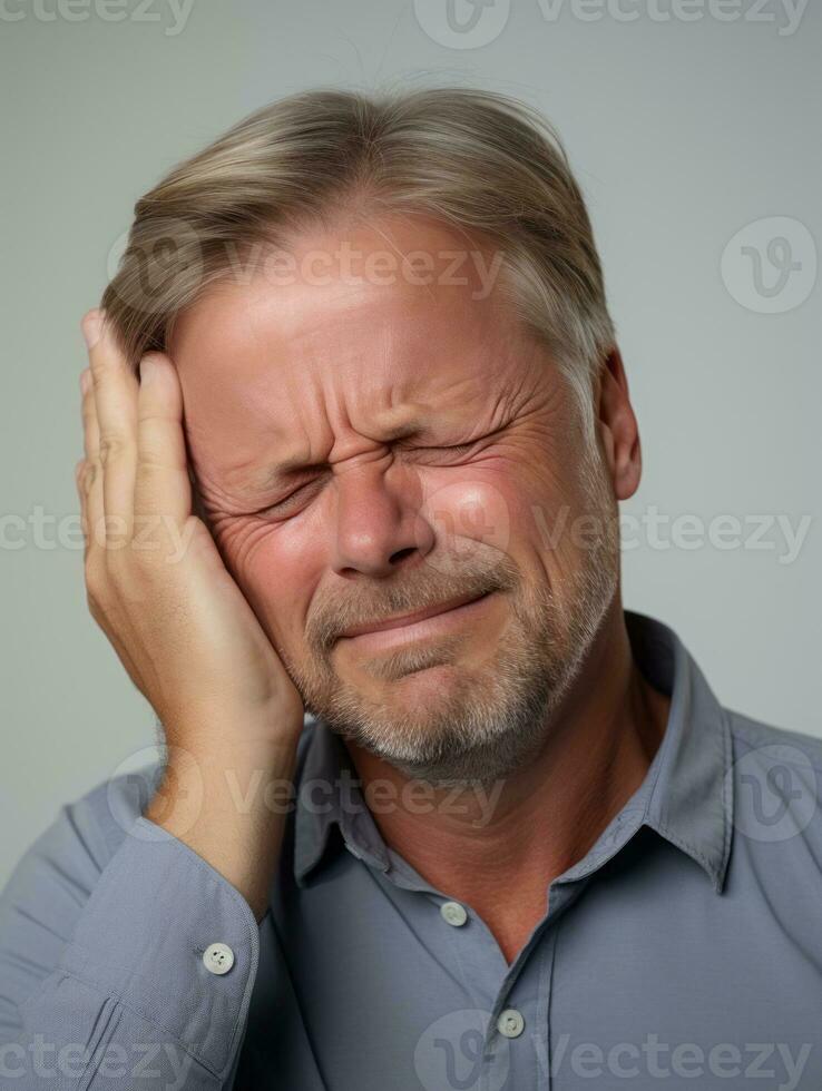 Man with pain on neutral background AI Generative photo