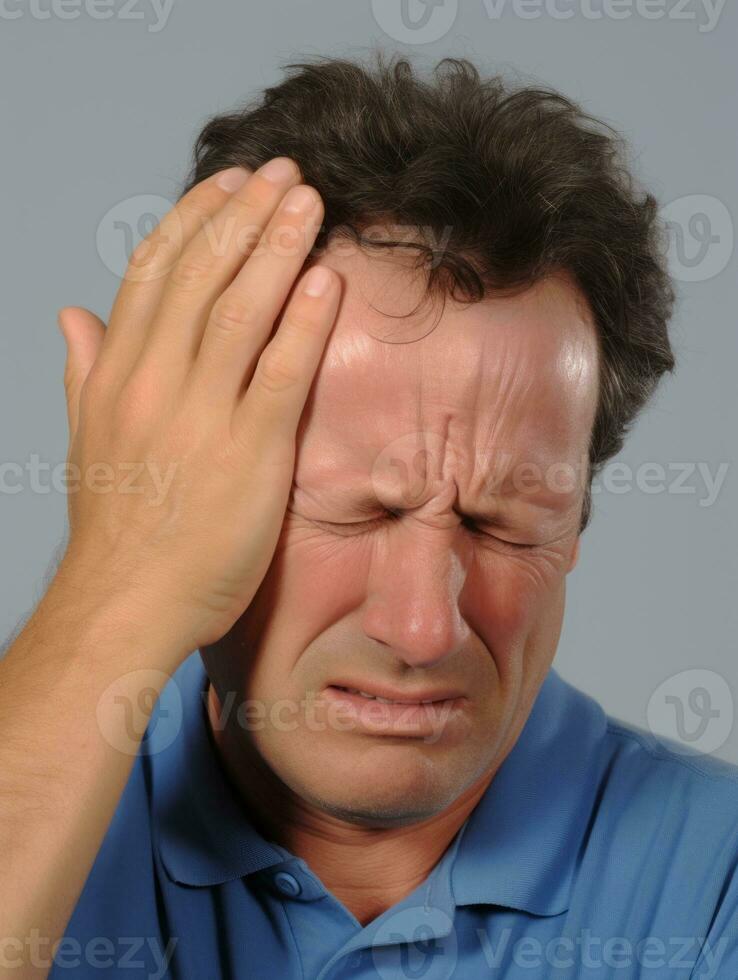 Man with pain on neutral background AI Generative photo