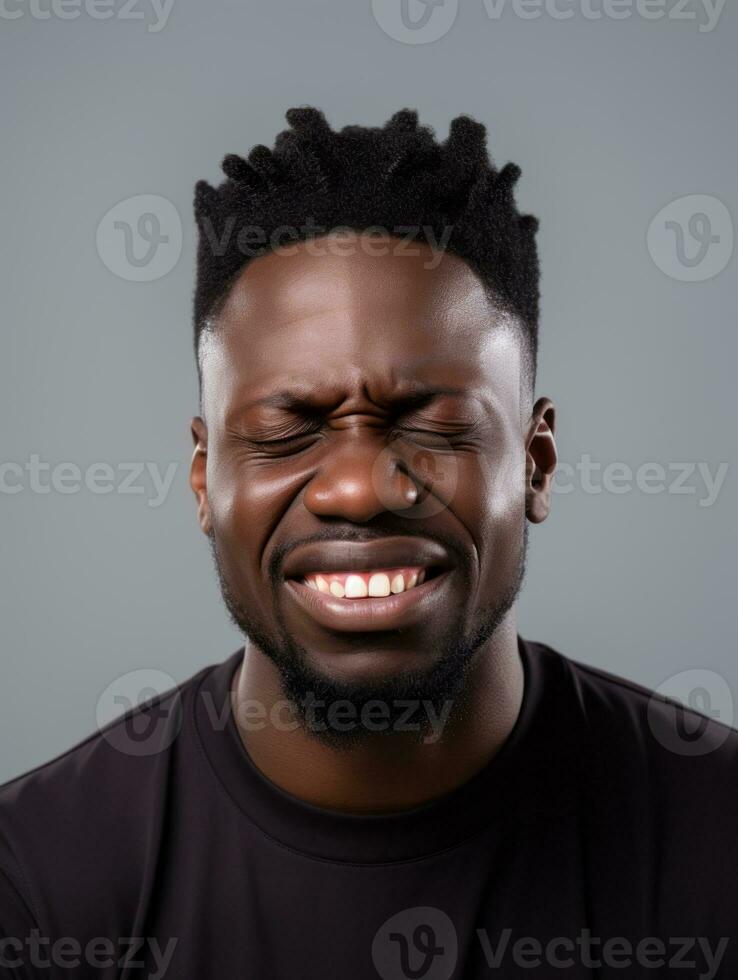 Man with pain on neutral background AI Generative photo
