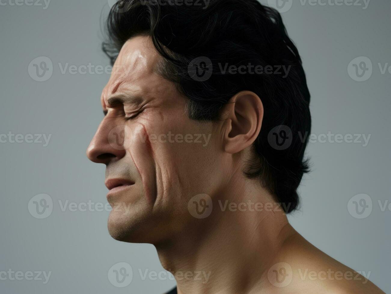 Man with pain on neutral background AI Generative photo