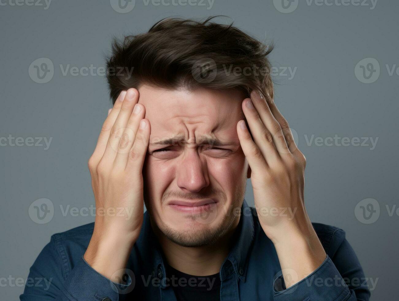 Man with pain on neutral background AI Generative photo